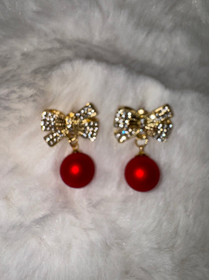Valentine - Red & Sparkly Bow - Earrings